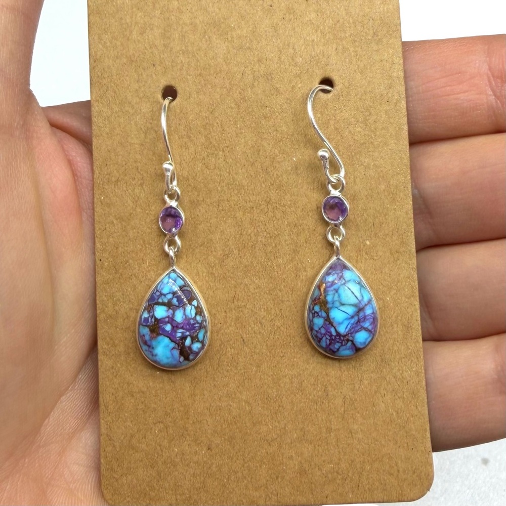 Hand Crafted Turquoise and Amethyst Earrings - Picture 3 of 5
